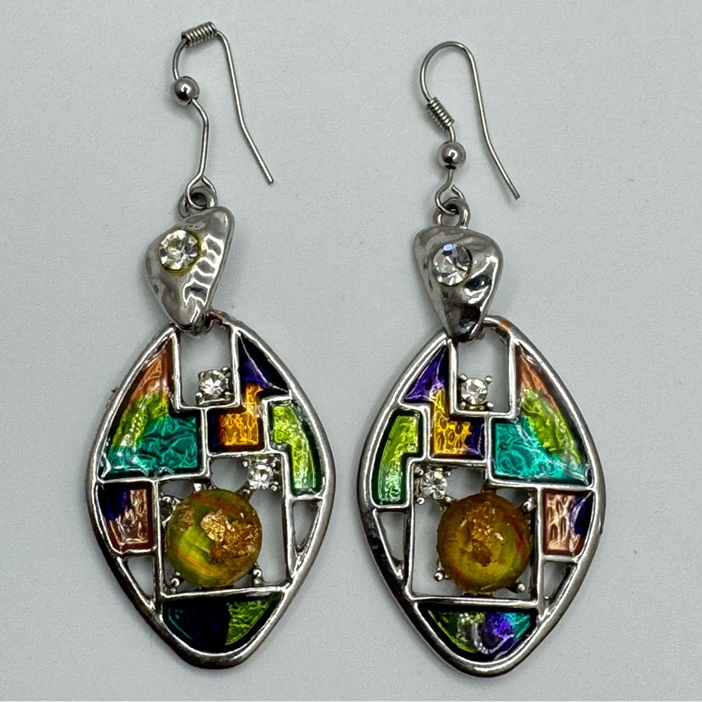 Silver Tone Multicolor Enamel Abstract Dangle Earrings with Clear Crystals